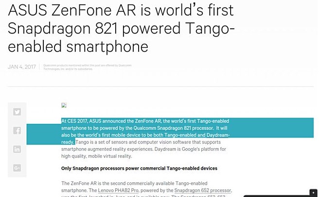 ASUS ZenFone AR — смартфон для дополненной и виртуальной реальности на CES 2017