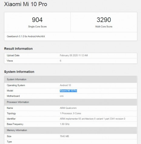 Xiaomi Mi 10 в Geekbench