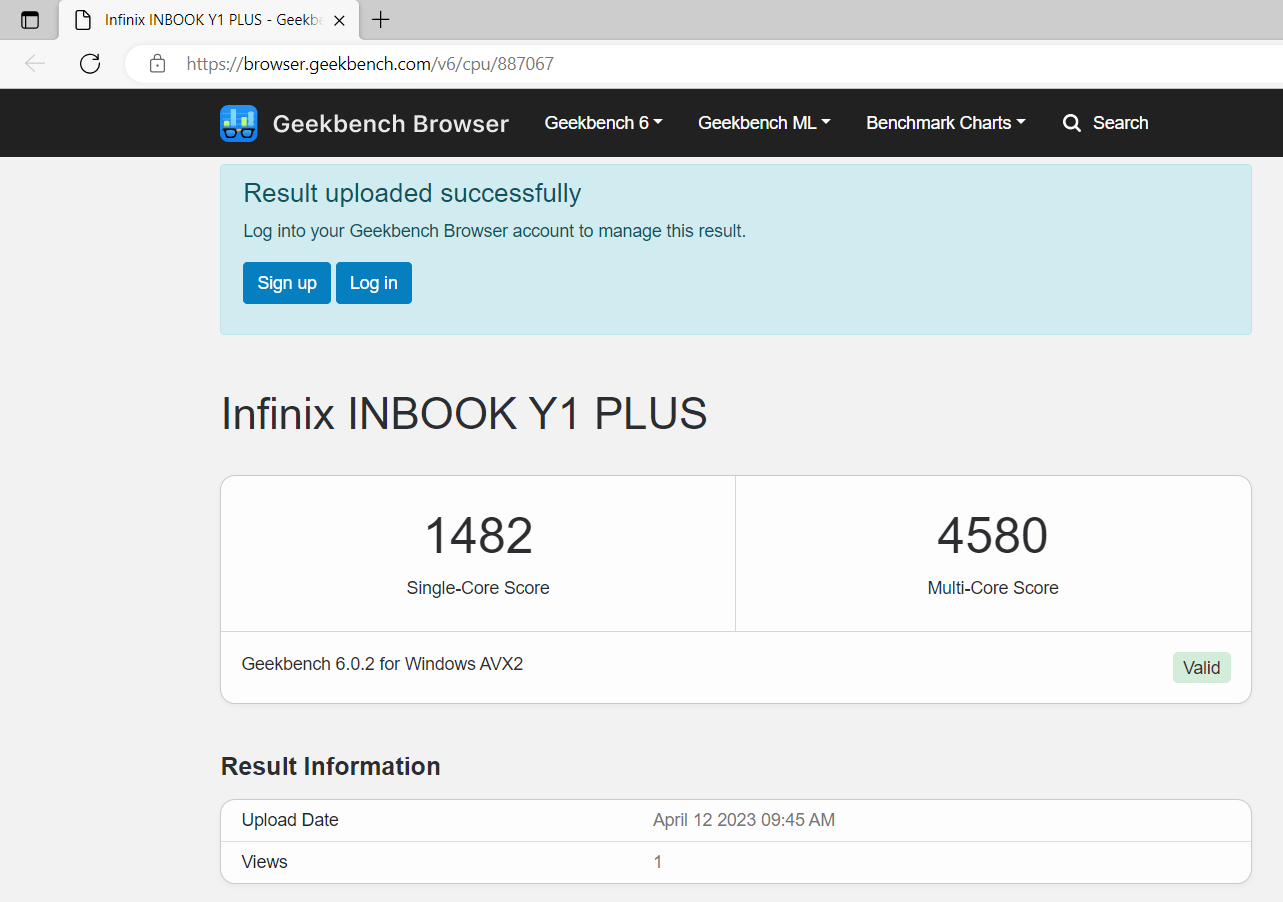 Infinix Inbook Y1 Plus в Geekbench